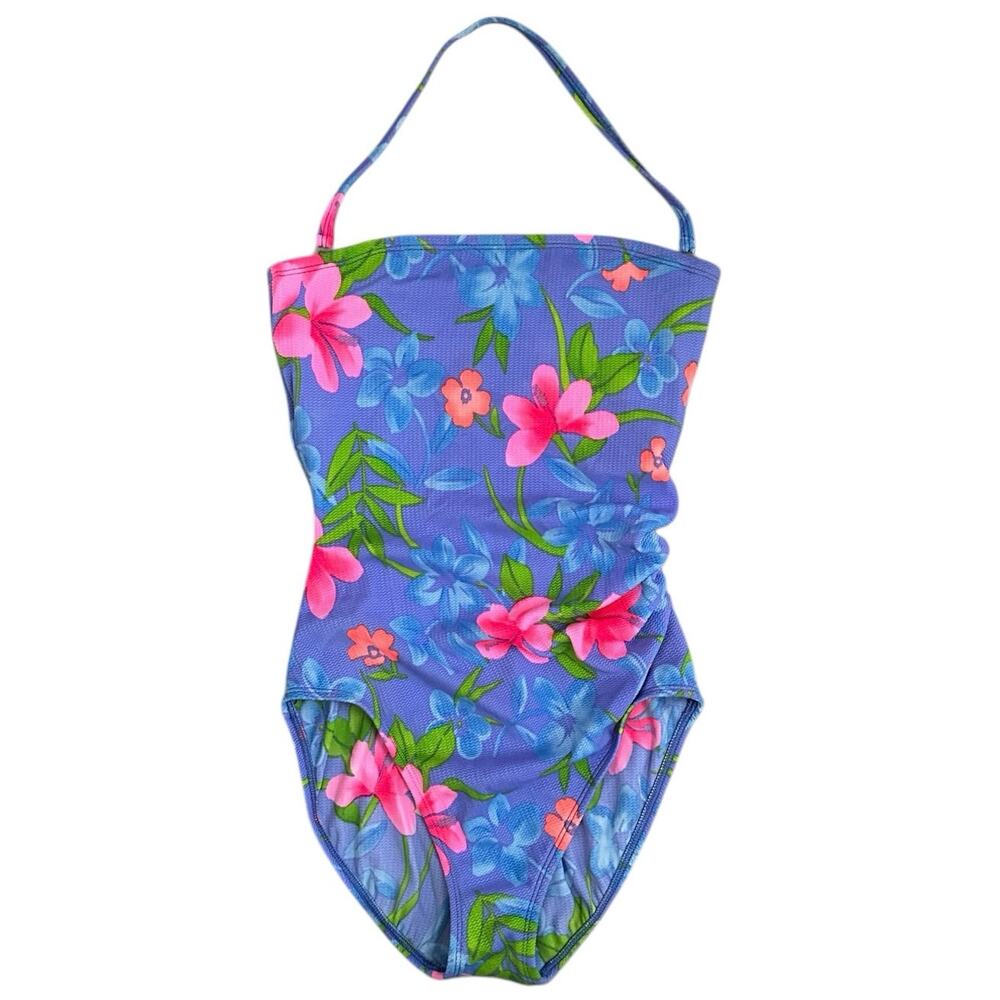 Vintage Sessa Floral One Piece Swimsuit Purple Pink Ruched 90s Beachcore USA 12